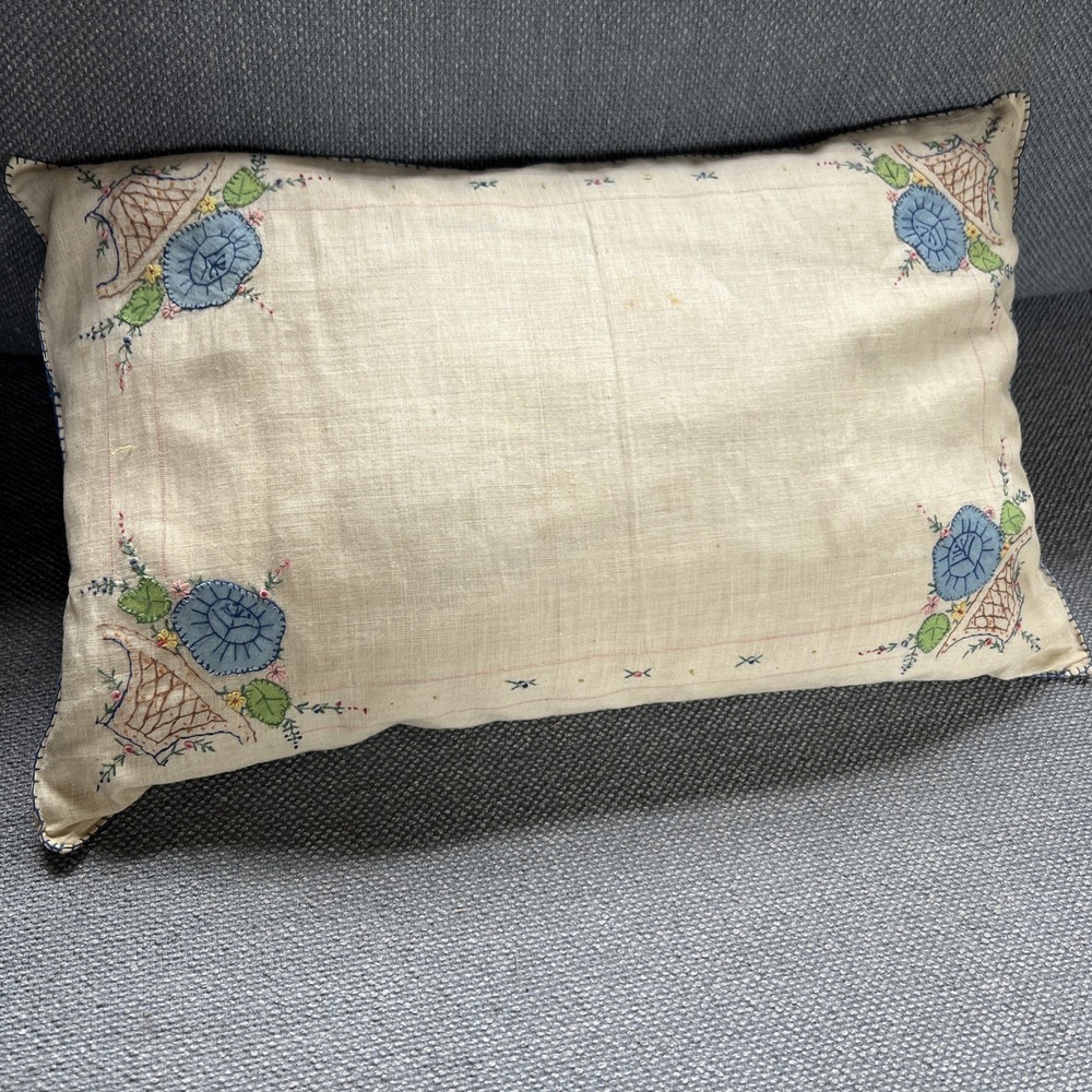 Vintage Handmade Needlepoint Multicolor Pillow, Flowers, Size 9" x 15" Down Fill - Picture 16 of 16